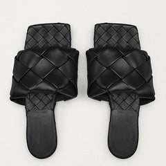 Chic Square Toe Braided Leather Slides - Black