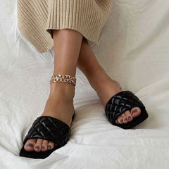 Chic Square Toe Braided Leather Slides - Black