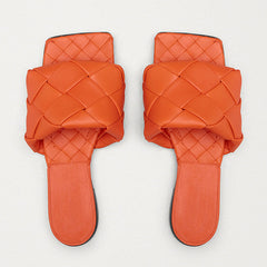 Chic Square Toe Braided Leather Slides - Burnt Orange