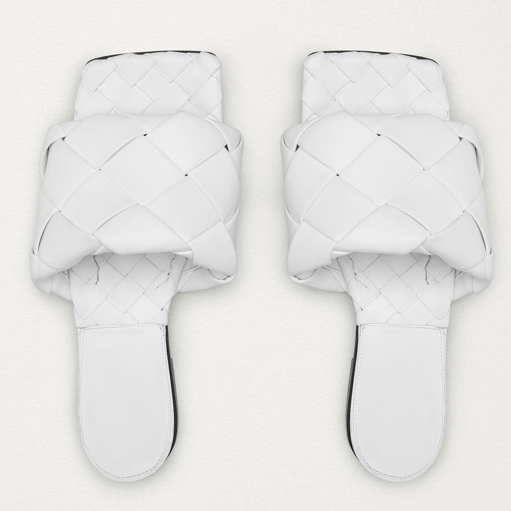 Chic Square Toe Braided Leather Slides - White