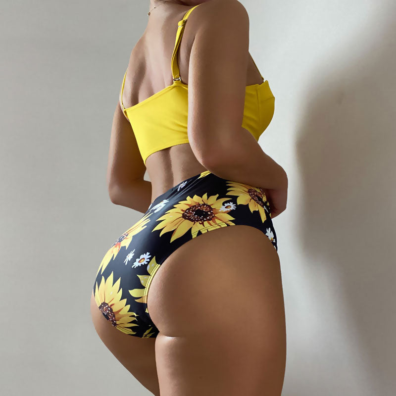 Bañador de bikini brasileño de dos piezas con aros y cintura alta con estampado de girasoles