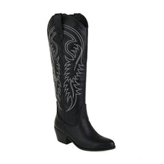 Classic Embroidered Knee High Round Toe Cuban Heel Western Boots - Black