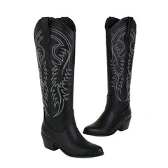 Classic Embroidered Knee High Round Toe Cuban Heel Western Boots - Black