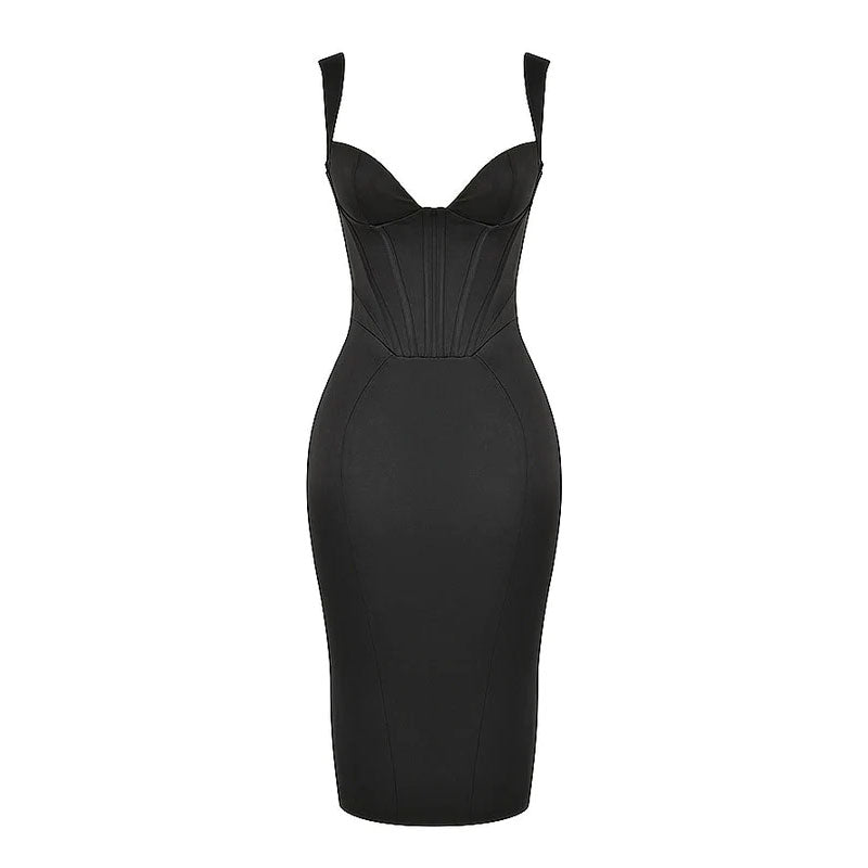 Klassisches ärmelloses Strapsträger-Bustier-Midi-Bandage-Kleid mit Herzausschnitt - Schwarz