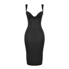 Classic Sleeveless Suspender Strap Sweetheart Bustier Midi Bandage Dress - Black