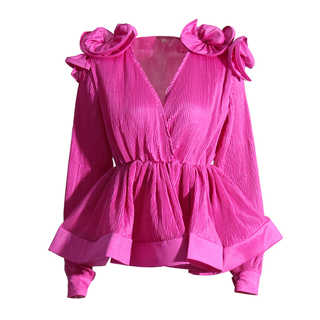 Blusa elegante con cuello en V, manga larga, plisada y peplum con rosetas y volantes 3D