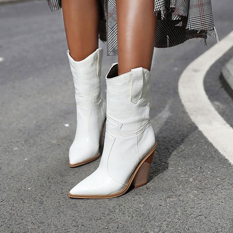 Classy Croc Effect Geometric Heel Mid Calf Western Boots - White