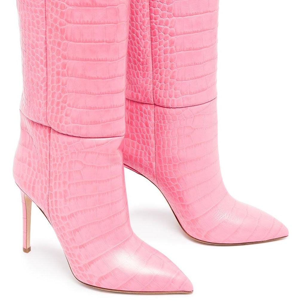 Edle kniehohe Stiletto-Stiefel mit Krokodil-Effekt und spitzer Zehenpartie - Pink