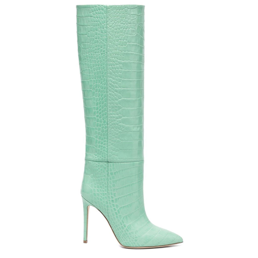 Classy Crocodile Effect Pointed Toe Knee High Stiletto Boots - Wasabi Green