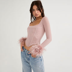 Classy Feather Trimmed Mesh Corset Long Sleeve Top - Pink