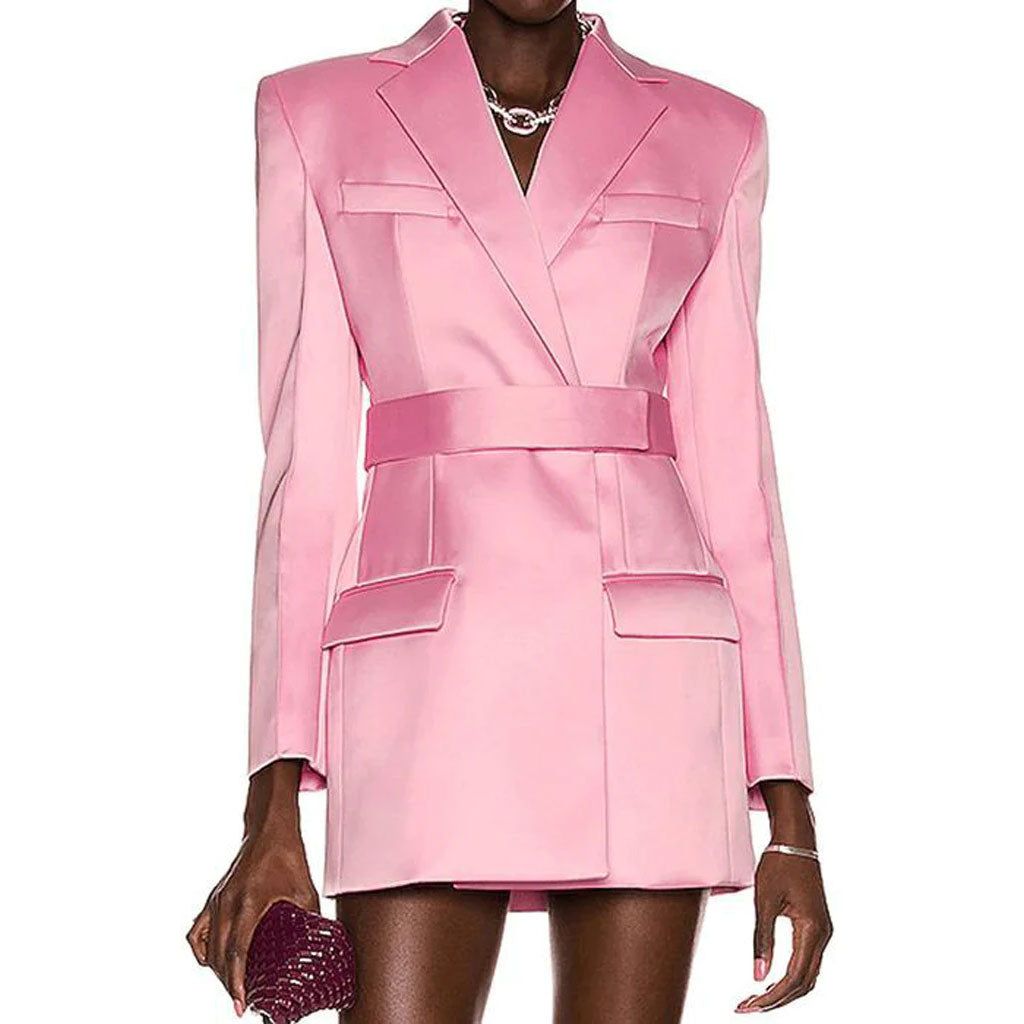 Vestido mini blazer de satén con cinturón y manga larga con cuello de solapa - Rosa