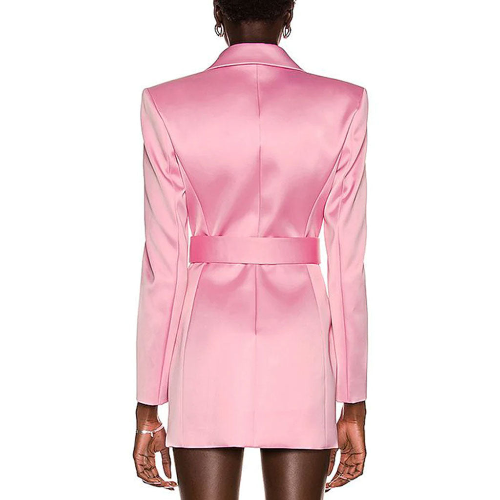 Classy Lapel Neck Long Sleeve Satin Belted BlazerMini Dress - Pink