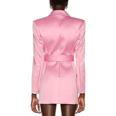 Elegantes Blazer-Minikleid mit Reverskragen und langen Ärmeln aus Satin mit Gürtel - Pink