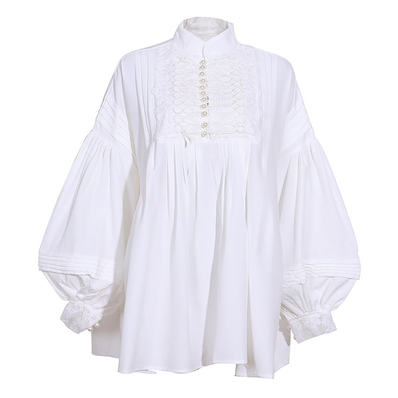 Classy Mandarin Collar Half Button Pleated Bishop Sleeve Belted Oversized Blouse