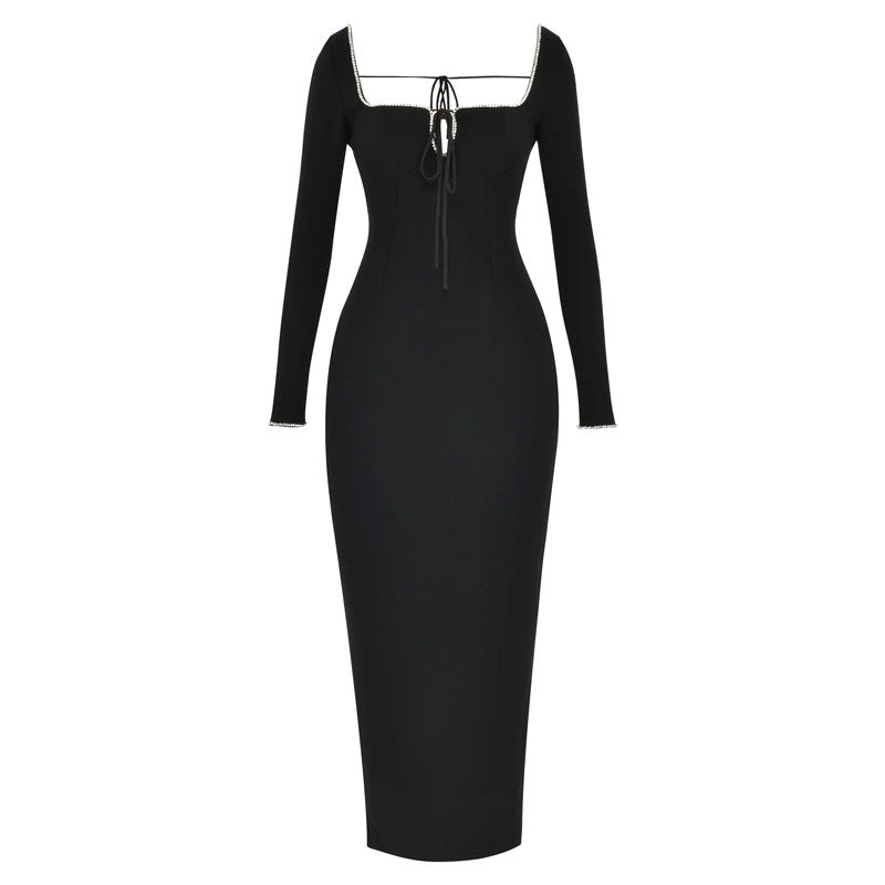 Classy Rhinestone Square Neck Long Sleeve Open Back Maxi Bandage Dress - Black