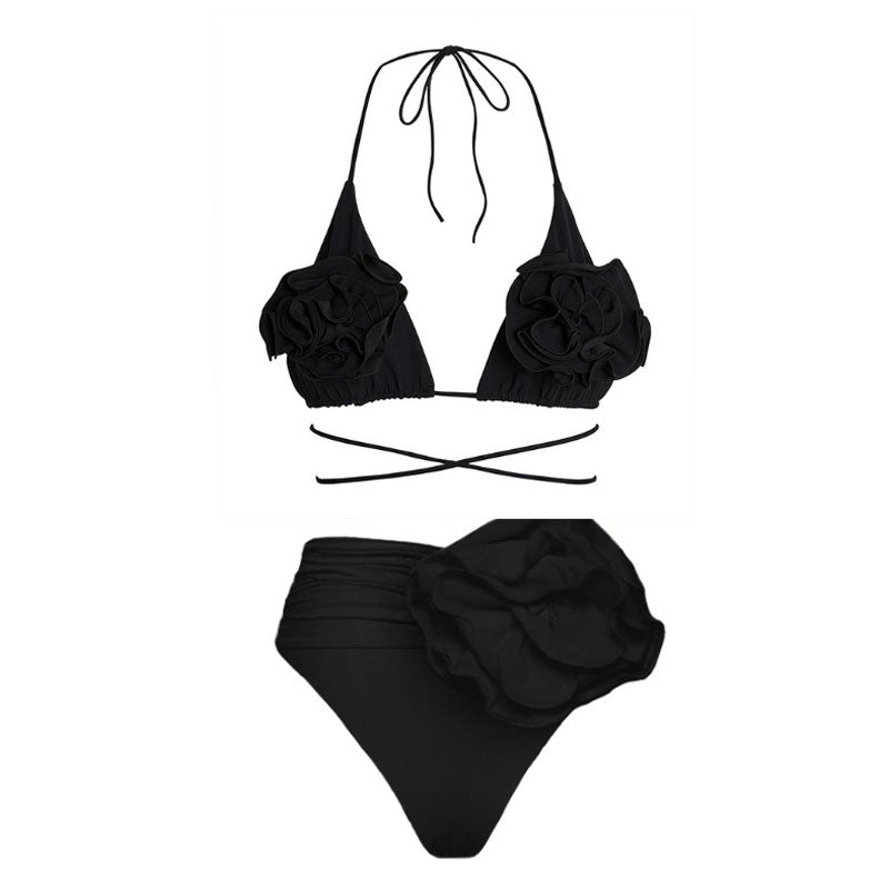 Klassisches Wickel-Triangel-Bikini-Set mit Rosetten-Applikation und Rüschen, mittlerer Taille