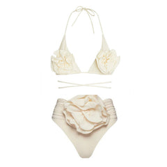 Klassisches Wickel-Triangel-Bikini-Set mit Rosetten-Applikation und Rüschen, mittlerer Taille