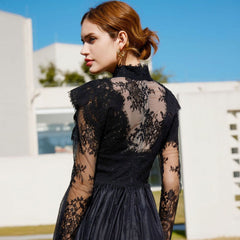 Vestido largo elegante de corte A con cuello alto, manga larga y encaje floral transparente