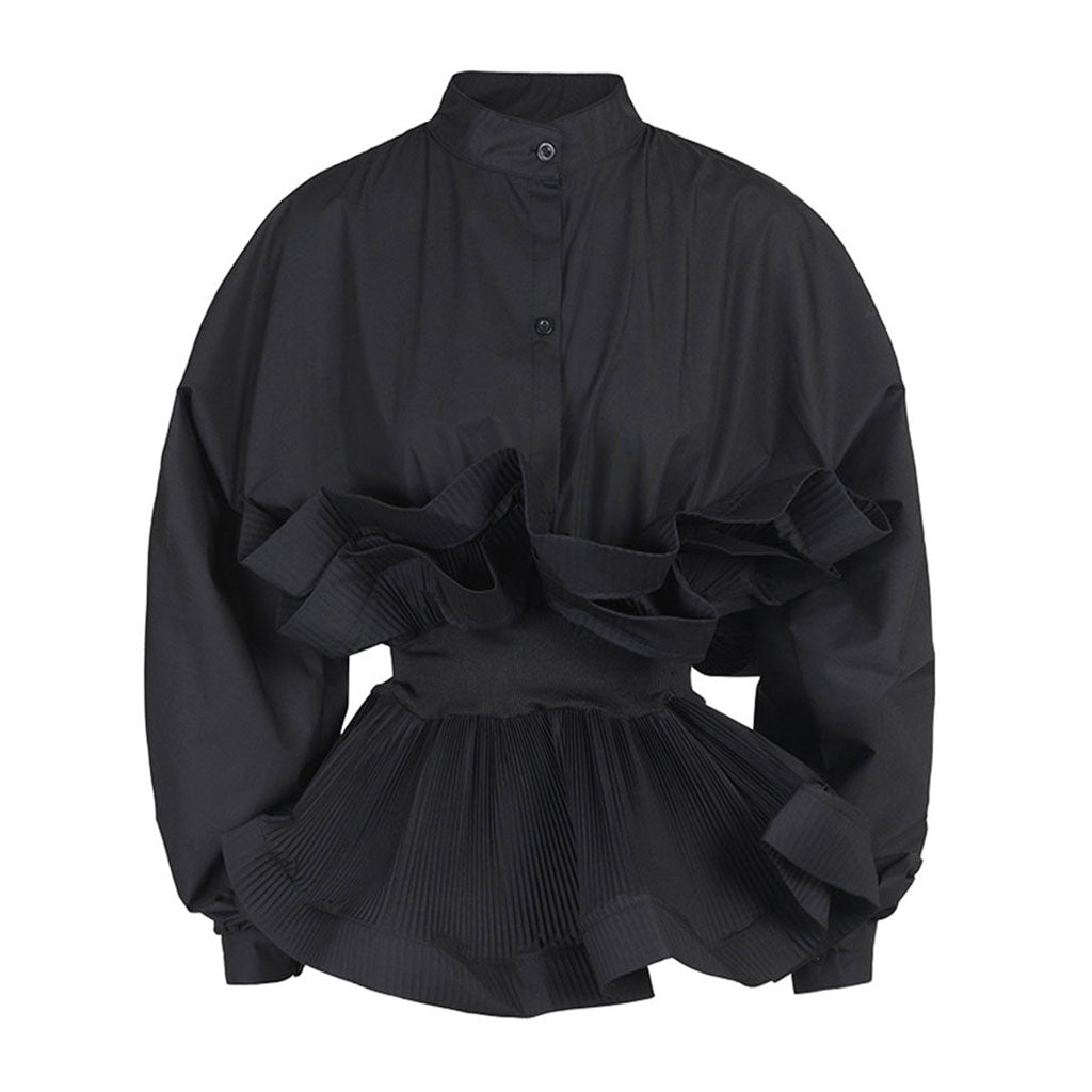 Classy Stand Collar Long Sleeve Button Down Ruffled Peplum Blouse