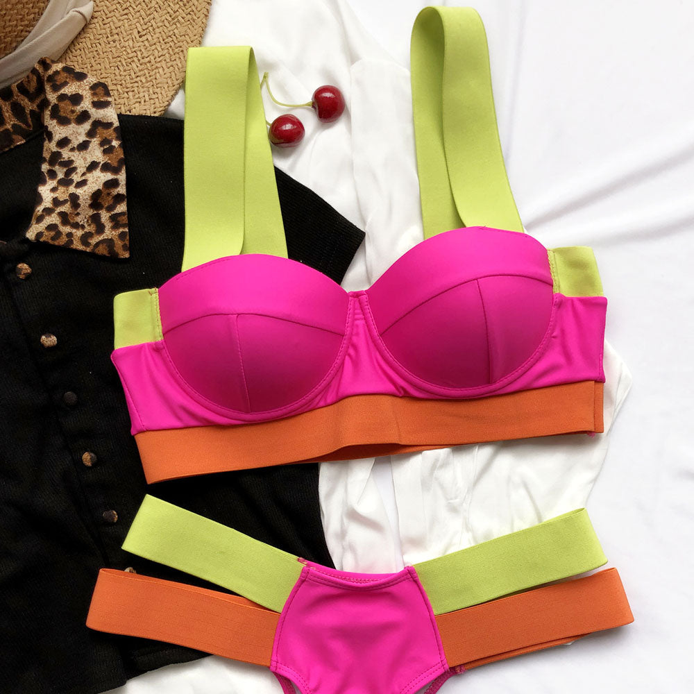 Color Block Bandage Cheeky Underwire Push Up Brazilian Two Piece Bikini Swimsuit