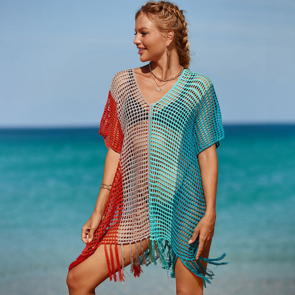 Color Block Fringe Deep V Crochet Knit Brazilian Mini Beach Cover Up