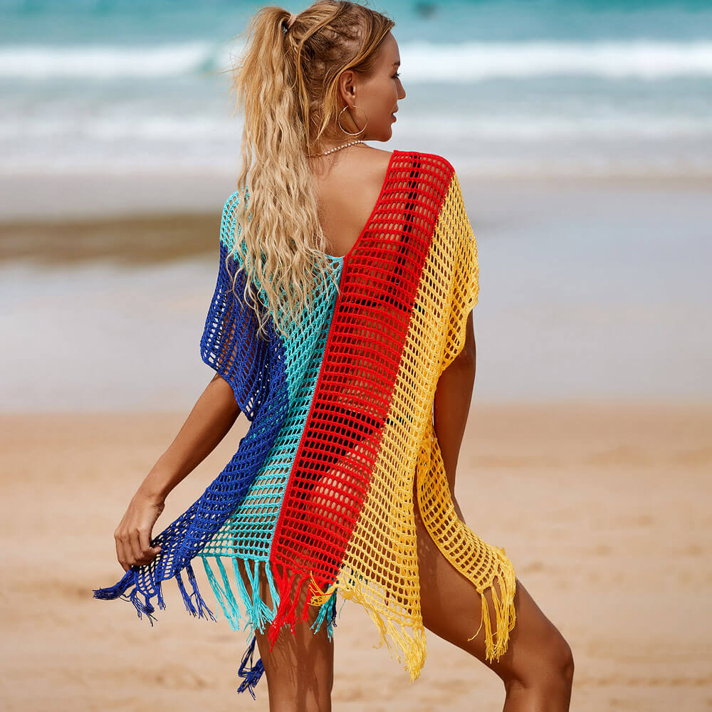 Minivestido playero brasileño de punto a crochet con escote en V profundo y flecos en bloques de color