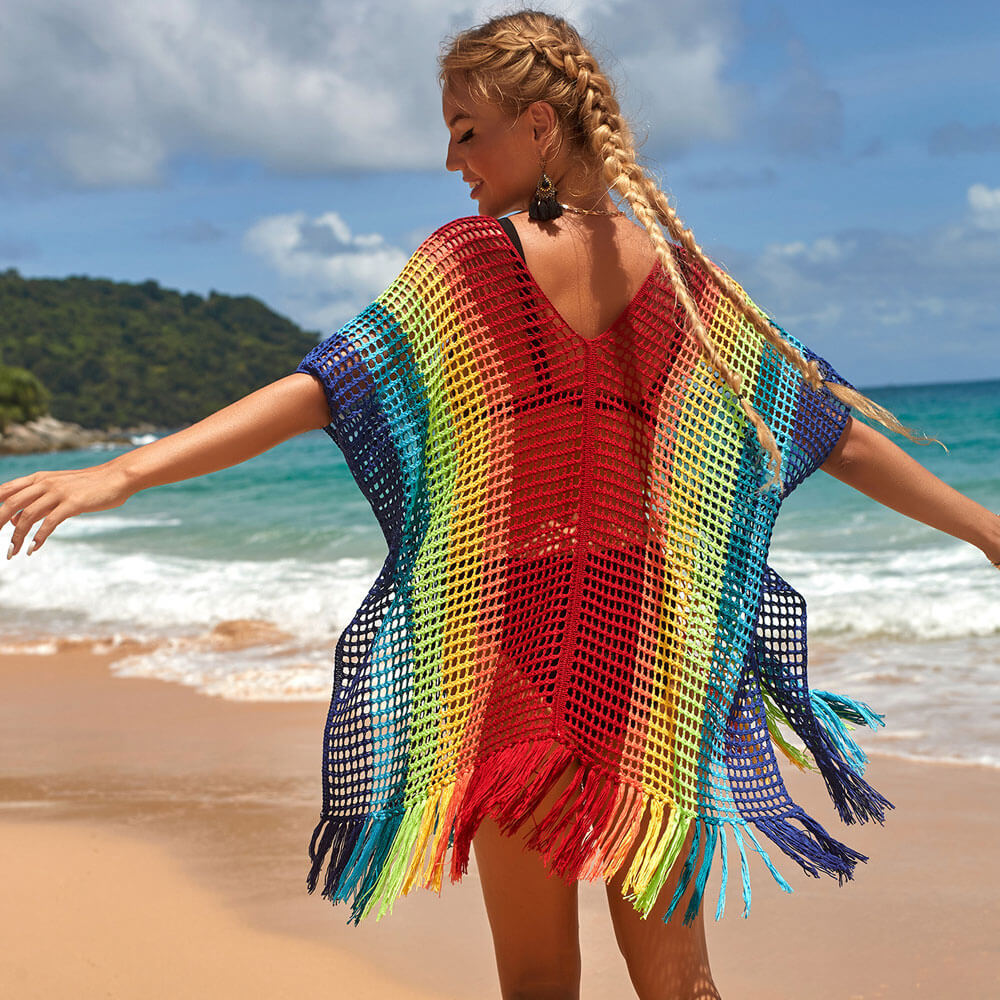 Minivestido playero brasileño de punto a crochet con escote en V profundo y flecos en bloques de color