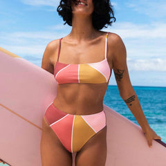 Traje de baño bikini brasileño de dos piezas con bralette de cintura alta y bloques de color