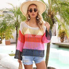 Color Block Long Sleeve Sheer Ladder Knit Crochet Brazilian Beach Cover Up Top