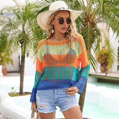 Color Block Long Sleeve Sheer Ladder Knit Crochet Brazilian Beach Cover Up Top