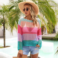 Color Block Long Sleeve Sheer Ladder Knit Crochet Brazilian Beach Cover Up Top