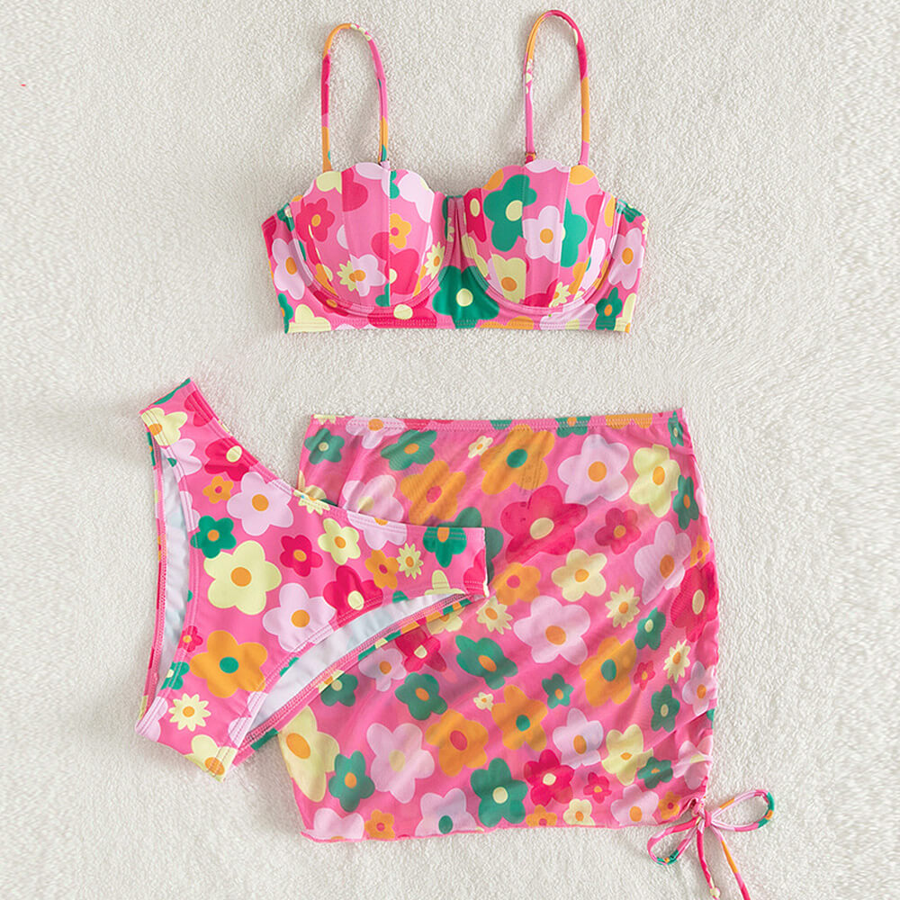 Traje de baño bikini brasileño de dos piezas con aros y estampado floral colorido