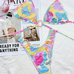 Colorful Print High Cut Halter Triangle Brazilian Two Piece Bikini Swimsuit