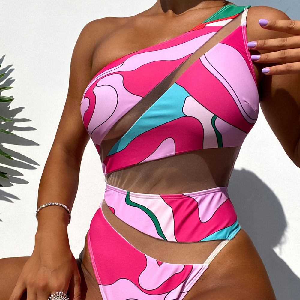 Colorful Print Panel Sheer Mesh One Shoulder Brazilian One Piece Swimsuit