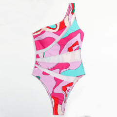 Colorful Print Panel Sheer Mesh One Shoulder Brazilian One Piece Swimsuit