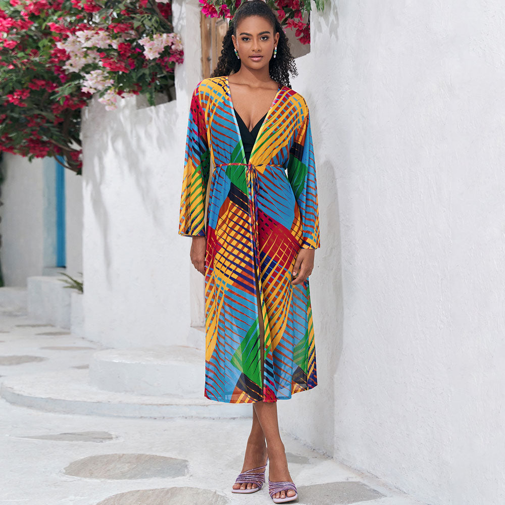 Colorful Printed Mesh Belted Kimono Sleeve Brazilian Beach Cover Up