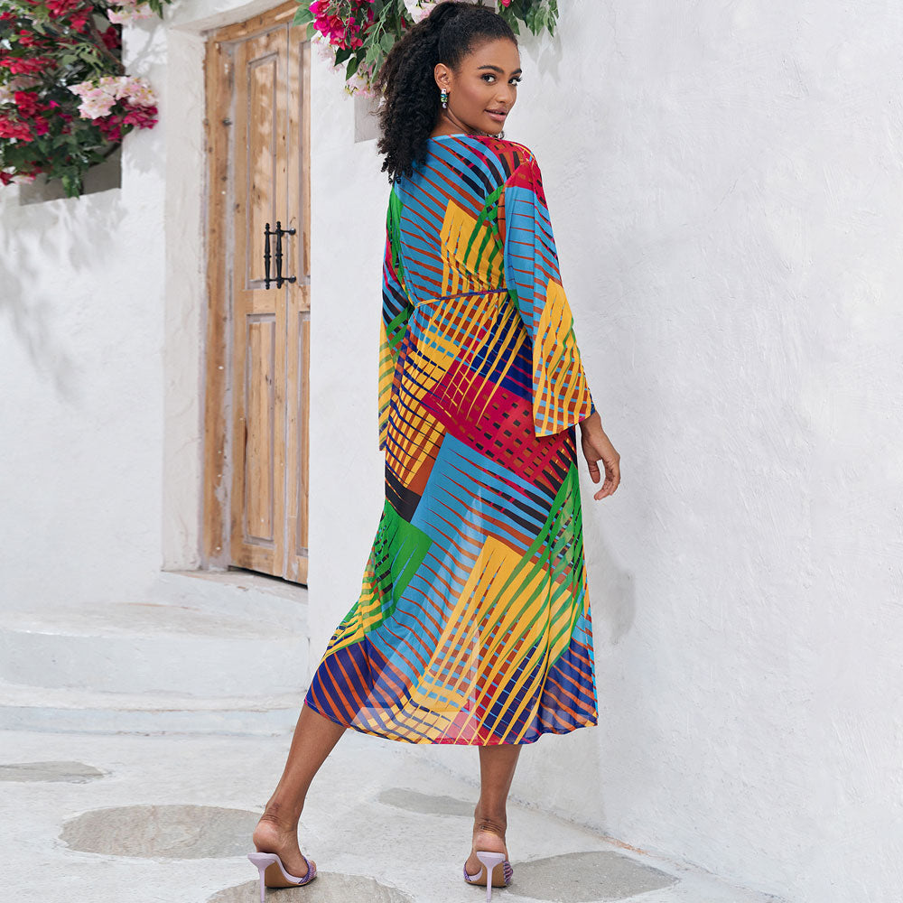 Colorful Printed Mesh Belted Kimono Sleeve Brazilian Beach Cover Up