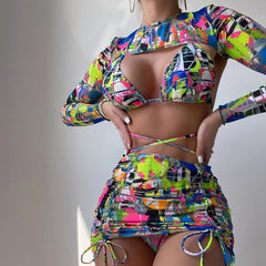 Traje de baño bikini brasileño de cuatro piezas con estampado colorido y triángulo cruzado