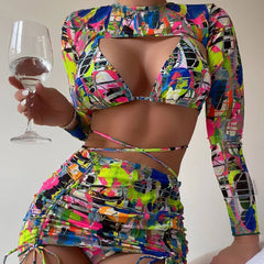 Colorful Printed Wrap Slide Triangle Brazilian Four Piece Bikini Swimsuit