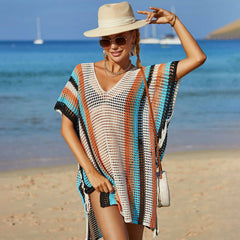 Colorful Striped Lace Up Split Semi Sheer Crochet Brazilian Beach Tunic Cover Up