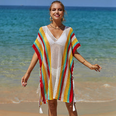 Colorful Striped Lace Up Split Semi Sheer Crochet Brazilian Beach Tunic Cover Up