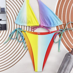 Colorful Tie String Cheeky One Shoulder Brazilian Two Piece Bikini Swimsuit