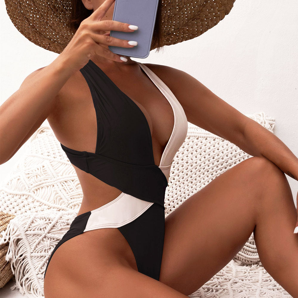 Contrast Color High Cut Deep V Scrunch Back Brazilian One Piece Swimsuit