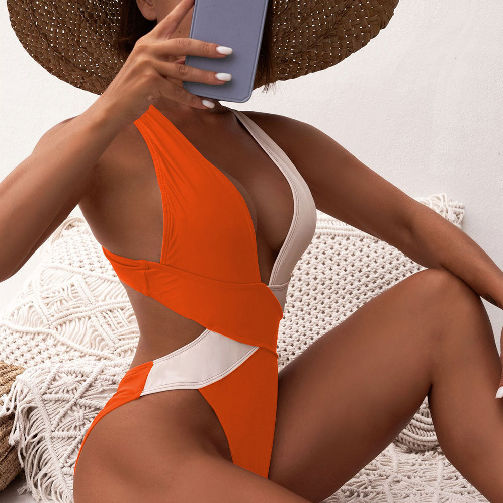 Contrast Color High Cut Deep V Scrunch Back Brazilian One Piece Swimsuit