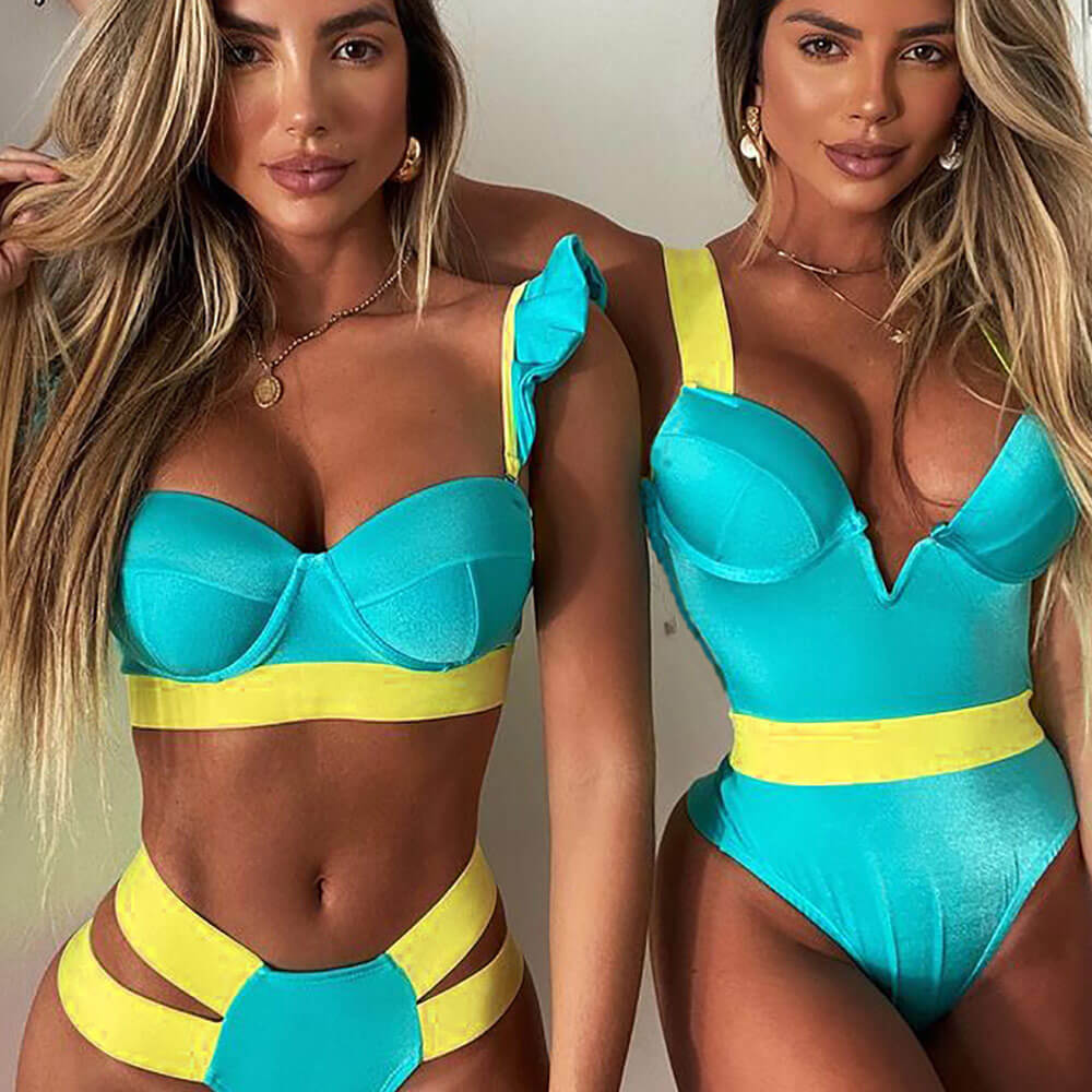 Traje de baño bikini brasileño de dos piezas con aros y corte alto en color de contraste