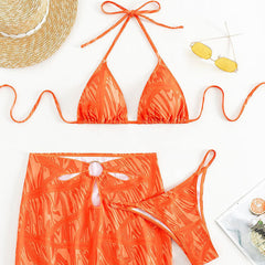 Contrast Cutout O Ring Triangle Halter Side String Brazilian Three Piece Bikini Swimsuit