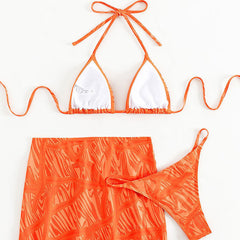 Contrast Cutout O Ring Triangle Halter Side String Brazilian Three Piece Bikini Swimsuit