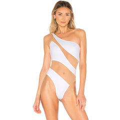 Contrast Mesh Panel One Shoulder Brazilian One Piece Swimsuit