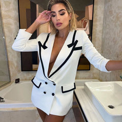 Contrast Peak Lapel Double Breasted Oversized BlazerMini Dress - White