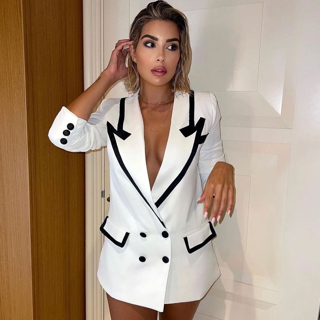 Contrast Peak Lapel Double Breasted Oversized BlazerMini Dress - White